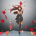 Fox Eared Female Character Leaping With Long Hair And Black Dress Amid Falling Maple Leaves