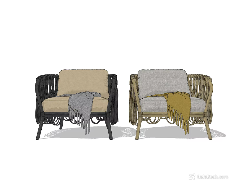 Rattan Single Sofa With Black Brown Frames Beige Grey Cushions and Colored Throw Blankets 3d model