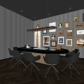 Dark Toned Club Lounge With Round Table Chairs Framed Art Walls And Herringbone Floor