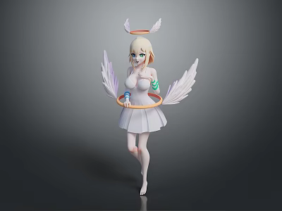 Angelic Game Movie Character with White Wings Halo and White Dress 3d model