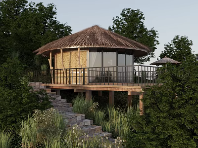 Thatched Cottage With Wooden Deck And Stone Steps In Lush Green Trees Surroundings 3d model