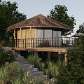 Thatched Cottage With Wooden Deck And Stone Steps In Lush Green Trees Surroundings