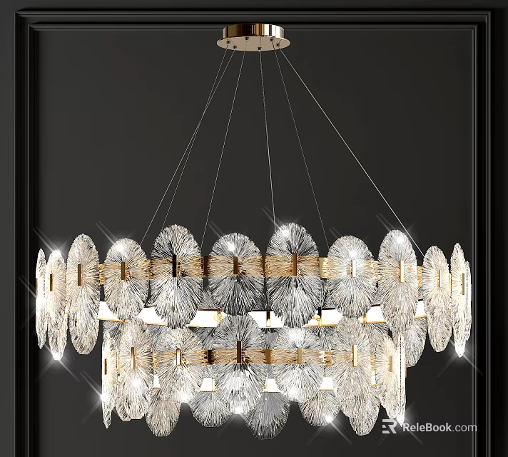 Sparkling Multi Layer Chandelier With Petal Shaped Glass And Gold Metal Frame 3d model 