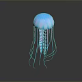 Vibrant Blue Glowing Jellyfish With Long Transparent Tentacles In Deep Ocean