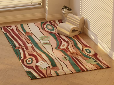 Vibrant Square Rug With Abstract Red Green Curves And Circular Patterns On Bright Wooden Floor 3d model