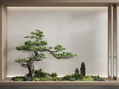 Japanese Garden Ornament With Bonsai Pine Tree Stone Buddha Statues Moss Stones And Wooden Louvers 3d model
