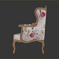 Elegant Floral Pattern Armchair With White Fabric Wooden Frame And Curved Legs