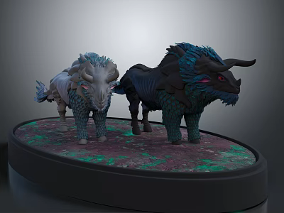 Two Mythical Horned Creatures 3D Model Figurine On Oval Colorful Textured Base 3d model
