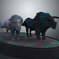 Two Mythical Horned Creatures 3D Model Figurine On Oval Colorful Textured Base