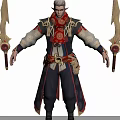 Fantasy Man With White Hair Red Gold Decorated Long Robe Holding Two Golden Weapons
