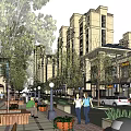 Vibrant Commercial Street With Shops Awnings Pedestrians Benches Trash Cans And Flower Pots