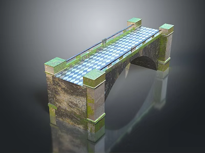 3D Rendered Stone Arch Bridge With Checkerboard Surface And Green Mossy Sides 3d model