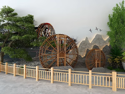 Garden Ornament With Wooden Water Wheels Pine Trees Mountain Scenery Flying Birds And Wooden Fence 3d model