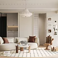Modern Open Concept Living And Dining Room With Beige Sofa Coffee Table Area Rug And Chandelier