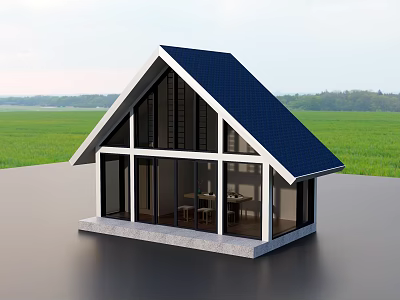 Modern Gable Roof House With Blue Roof And Large Glass Windows Set In Green Field 3d model