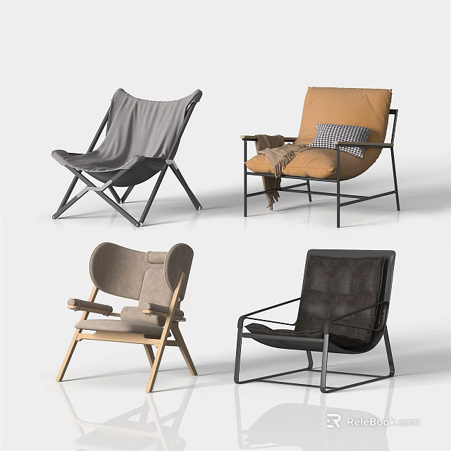Modern Lounge Chairs With Fabric Leather Upholstery Wooden Metal Frames And Accent Pillows 3d model 