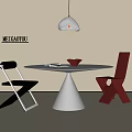 Modern White Round Table And Chair Set With Black Red Chairs Hanging Lamp And Book