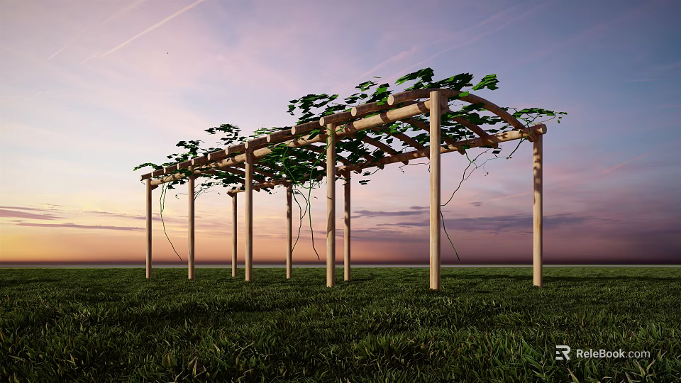 Wooden Pergola With Climbing Vines On Green Grass Under Sunset Sky 3d model 