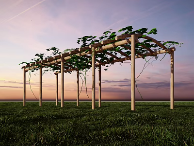 Wooden Pergola With Climbing Vines On Green Grass Under Sunset Sky 3d model