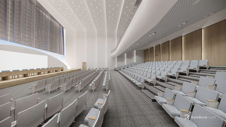 Modern Large Spacious Conference Room With Tiered Seating White Seats Wooden Walls Grey Carpet 3d model 