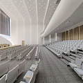Modern Large Spacious Conference Room With Tiered Seating White Seats Wooden Walls Grey Carpet