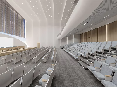 Modern Large Spacious Conference Room With Tiered Seating White Seats Wooden Walls Grey Carpet 3d model