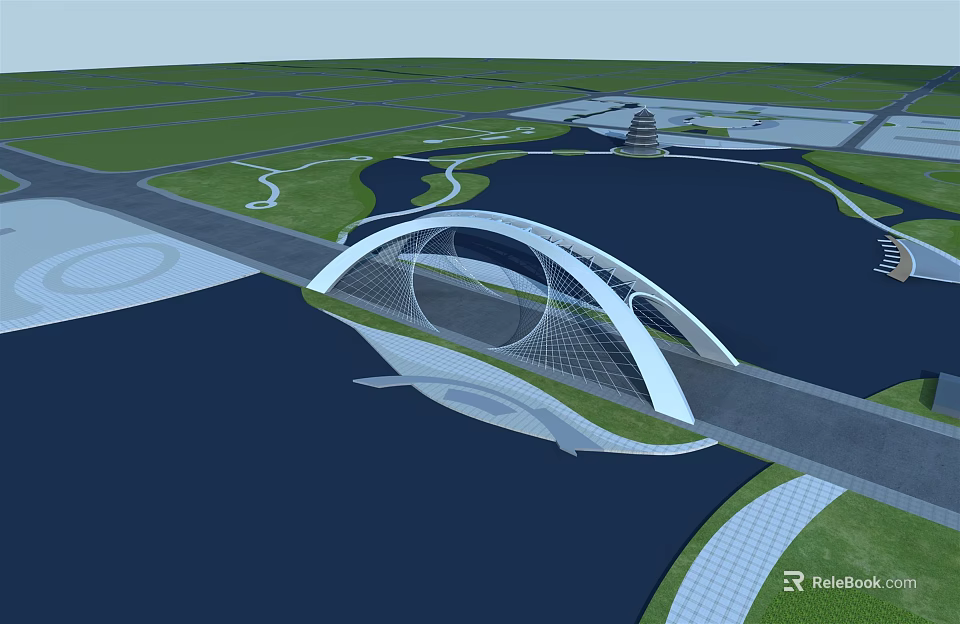 Modern Arch Bridge Spanning Water With Green Surroundings And Road Access 3d model 