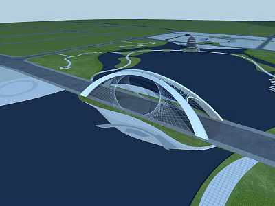 Modern Arch Bridge Spanning Water With Green Surroundings And Road Access 3d model
