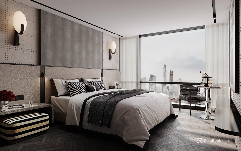 Modern Hotel Room Interior Design With King Bed Bedside Lamp Large Window And City View 3d model 