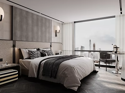 Modern Hotel Room Interior Design With King Bed Bedside Lamp Large Window And City View 3d model