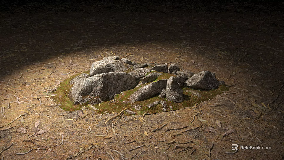 Cluster of Natural Stones and Wooden Debris on Dirt Ground with Moss and Shadow 3d model 