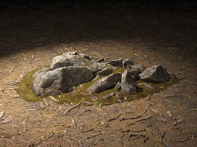 Cluster of Natural Stones and Wooden Debris on Dirt Ground with Moss and Shadow 3d model