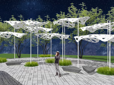 Night Sky Garden Landscape Design With White Perforated Canopies Trees Stone Pavement And Grass Lawn 3d model