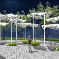 Night Sky Garden Landscape Design With White Perforated Canopies Trees Stone Pavement And Grass Lawn