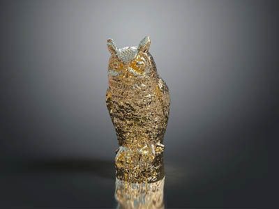 Elegant Golden Owl Sculpture With Detailed Feather Texture Standing On Gray Background 3d model