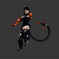 Futuristic Female Character In Black Outfit With Orange Mechanical Arms And Tail On Gray Background