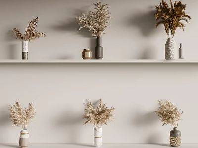 Modern Decorative Vases with Dried Flowers Different Shapes on White Shelves 3d model