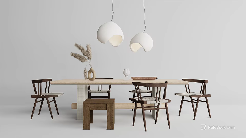 Modern Wooden Dining Table Set With Chairs Pendant Lights And Dried Grass Vase Decor 3d model 