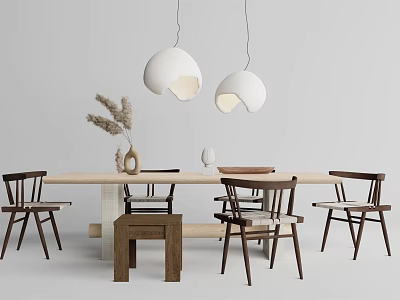 Modern Wooden Dining Table Set With Chairs Pendant Lights And Dried Grass Vase Decor 3d model