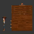 Red Wooden Chest With Drawers And Straps Featuring Cowboy Toy Figure Standing Next To