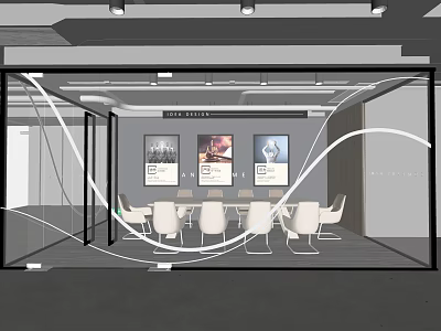 Modern Conference Room with Glass Partition Conference Table White Chairs and Wall Paintings 3d model