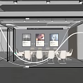 Modern Conference Room with Glass Partition Conference Table White Chairs and Wall Paintings