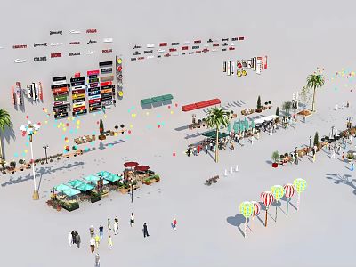 Road Facilities Featuring Street Market Stalls Pedestrians Palm Trees And Outdoor Seating 3d model