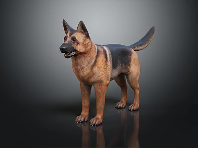 German Shepherd Dog Standing With Brown And Black Coat On Dark Background With Reflection 3d model