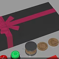 Black Gift Box Decorated With Pink Ribbon Bow And Colorful Stamps In Various Shapes