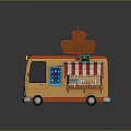 Orange Coffee Truck With COFFEE Sign Red And White Striped Awning And Blue Menu Board