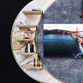 Elegant Modern TV Background Wall With Round Design And Floating Shelves Decorative Vases