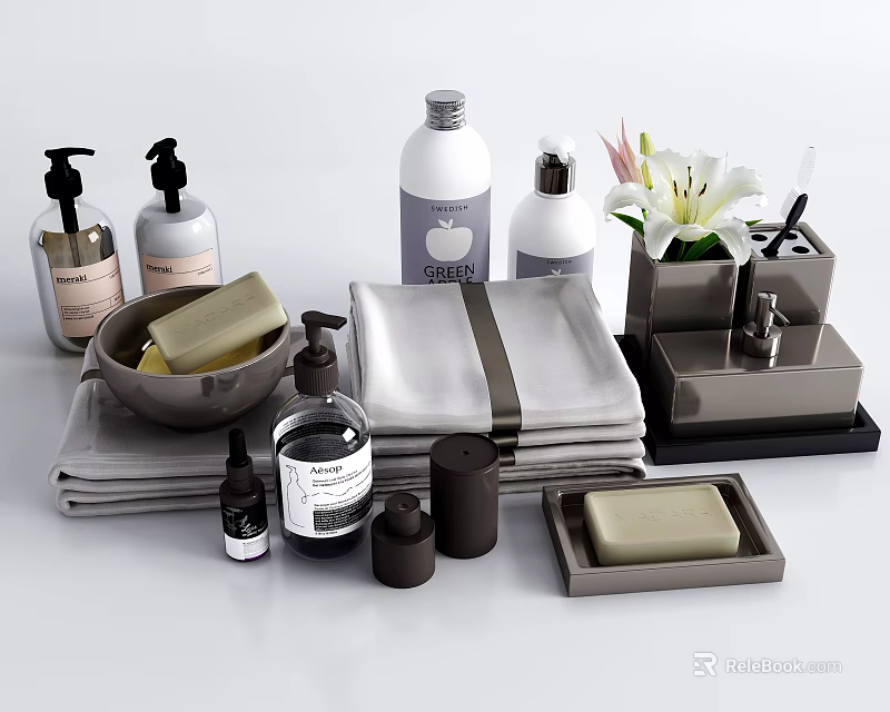 Modern Bathroom Accessories With Lotion Bottles Soap Towels Soap Dishes And Flowers 3d model 