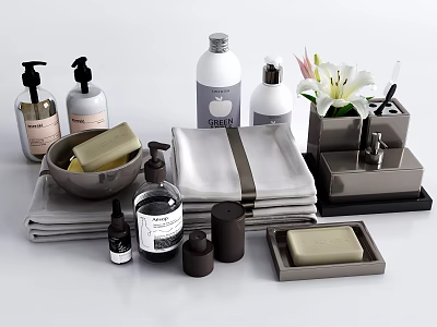 Modern Bathroom Accessories With Lotion Bottles Soap Towels Soap Dishes And Flowers 3d model