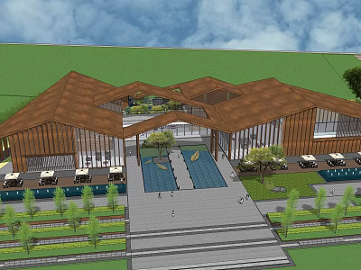 Modern Wooden Roof Building With Central Courtyard Large Glass Windows Landscaping And Parking Area 3d model